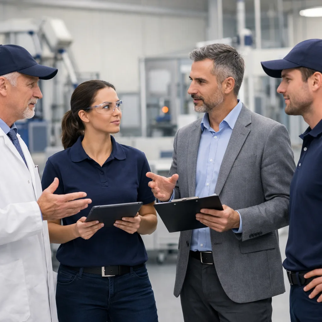 Специалисты на производстве, обсуждение процессов, 800x500